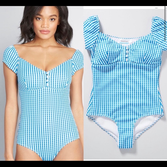 NWOT ModCloth gingham blue cap sleeve one piece - Picture 2 of 6